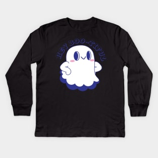 A cute little ghost saying "Hi Boo-tiful" to you Kids Long Sleeve T-Shirt